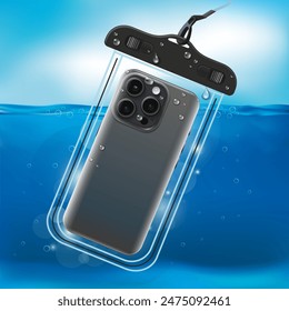 Realistic close-up. Vector graphics. Waterproof case for smartphone for underwater shooting.