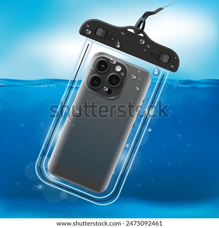 Realistic close-up. Vector graphics. Waterproof case for smartphone for underwater shooting.
