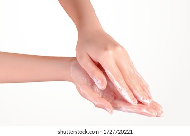 Realistic Close-up Of Young Woman Washing Her Hands With Creamy Lather, Isolated On White Background, 3d Illustration