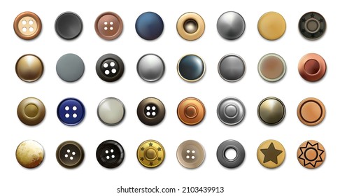 Realistic cloth buttons. Metal antique bronze or silver sewing rivets and denim clothing vintage accessories. Top view of various garment retro fasteners. Vector textile decorations set