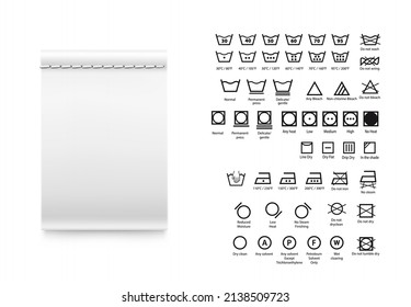 Realistic cloth tag with washing signs. Vector illustration isolated on white background. Ready for your design. EPS10.	