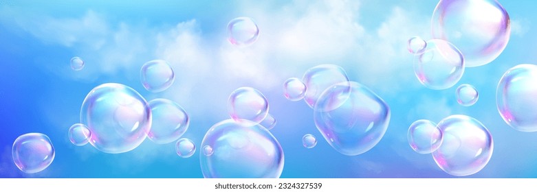 Realistic cloud background with iridescent glass foam. 3d dream spectrum soap bubble sphere blowing in cloudy air fluffy texture design illustration. Sunny blue space with cumulus natural mist