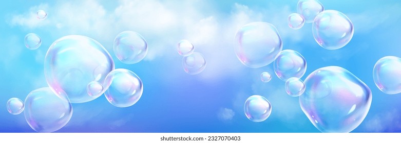 Realistic cloud background with iridescent glass foam. 3d dream spectrum soap bubble sphere blowing in cloudy air fluffy texture design illustration. Sunny blue space with cumulus natural mist