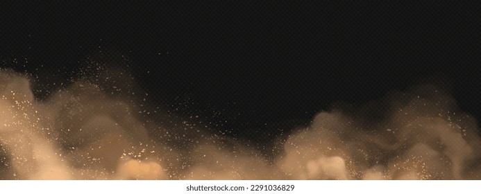 Realistic cloud of brown dust on transparent background. Vector illustration of sand storm in desert, smog mist with dirt particles flying in air, explosion effect. Ash in atmosphere. Hurricane wind