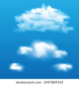 Realistic cloud elements set the blue background