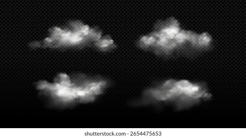 Formaciones de nubes realistas sobre fondo transparente: Formas mullidas blancas con bordes suaves. Elementos naturales del cielo para el gráfico del Clima, las superposiciones atmosféricas o el diseño meteorológico de la ilustración