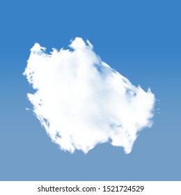 Realistic cloud on a blue heavenly backdrop. Original template with soft smooth colors. Art, vector illustration. White isolated, transparent element for design. Smoke or thundercloud.