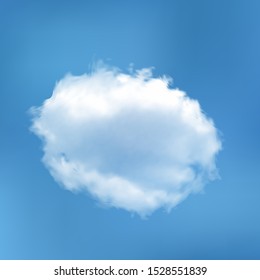 Realistic cloud on a blue heavenly background. Vibrant template with soft smooth colors. Effect, vector illustration. White transparent, isolated element for design. Thundercloud or smoke.