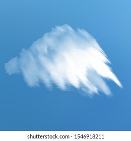 Realistic cloud on a blue heavenly backdrop. Space, vector illustration. Abstract template with soft smooth colors. White isolated, transparent element for design. Smoke or thundercloud.