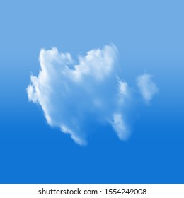 Realistic cloud on a blue heavenly backdrop. Fog, vector illustration. Creative template with soft smooth colors. White isolated, transparent element for design. Smoke or thundercloud.