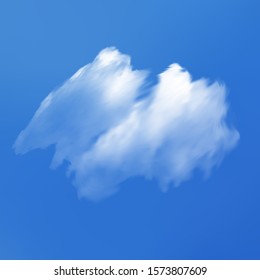 Realistic cloud on a blue heavenly backdrop. Cloudy template with soft smooth colors. Decoration, vector illustration. White isolated, transparent element for design. Smoke or thundercloud.