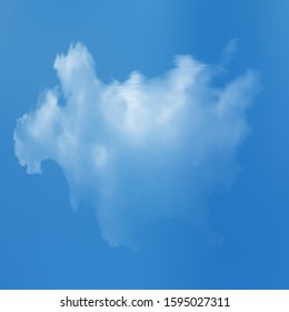 Realistic cloud on a blue heavenly backdrop. Space, vector illustration. Dynamic template with soft smooth colors. White isolated, transparent element for design. Smoke or thundercloud.