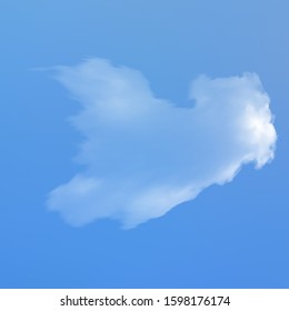 Realistic cloud on a blue heavenly backdrop. Atmosphere, vector illustration. Light template with soft smooth colors. White transparent, isolated element for design. Smoke or thundercloud.