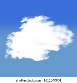 Realistic cloud on a blue heavenly backdrop. Cloudy template with soft smooth colors. Pattern, vector illustration. White isolated, transparent element for design. Smoke or thundercloud.