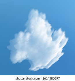 Realistic cloud on a blue heavenly background. Dynamic template with soft smooth colors. Wallpaper, vector illustration. White transparent, isolated element for design. Thundercloud or smoke.