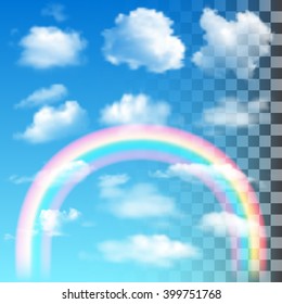 Realistic Cloud Set with color rainbow. Isolated Weather Element Template for cloud sky. Vector Illustration