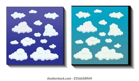 Realistic cloud a set on two color sky background with vector design. white cloud a set. 