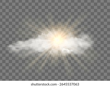 Realistic cloud with sunny rays, sunny cloudy sky. Vector glow light effect with cloud, smoke, fog. Sunlight cloud texture transparent background