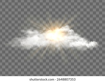 Realistic cloud with sunny rays, sunny cloudy sky. Vector glow light effect with cloud, smoke, fog. Sunlight cloud texture transparent background