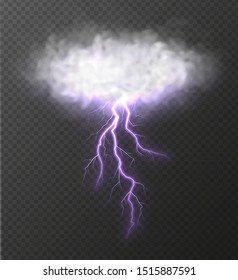 Realistic cloud with thunderbolt isolated on transparent background. Realistic thunderstorm with purple lightning. Weather vector illustration.