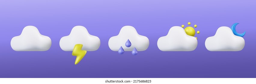 Conjunto de iconos de clima de nube realista, representación de forma vectorial para la pantalla de iconos de clima 3d