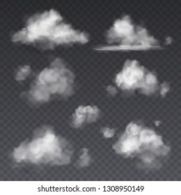 Realistic cloud. White clouds fluffy sky fog frame isolated on transparent background vector illustration set svg
