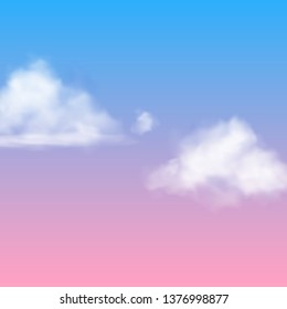 Realistic cloud. White nubes fluffy sky fog clouding isolated on sunrise or sunset blue pink background vector air heavenly concept