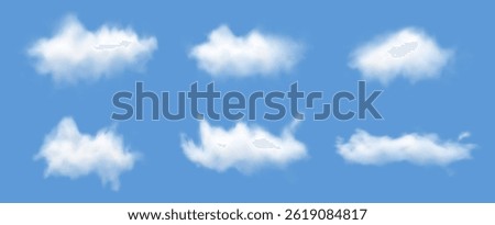 Realistic clouds. 3D white cloud set with fluffy clouds floating in blue sky, isolated cumulus cloud on summer cloudy background. Vector set.