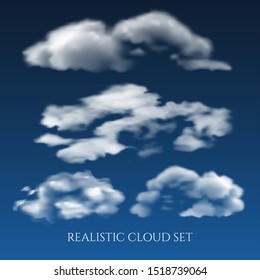 Realistic clouds in blue sky. White day nubes, beautiful soft cloud set in sunny air skies space vector image