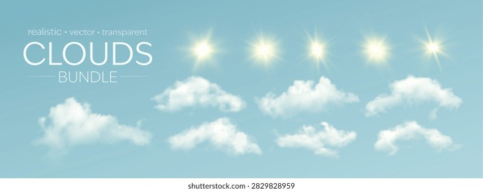 Realistic clouds bundle vector cover on a blue sky background. Soft white fluffy clouds and bright sun flares create a clean dreamy weather element collection.