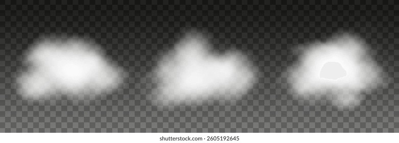 Realistic clouds collection. Smoke or fog shapes. Sky elements group. Vector illustration isolated on transparent background.