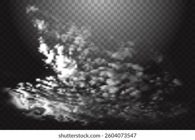 Realistic clouds effect on transparent background. White fog or smoke texture.