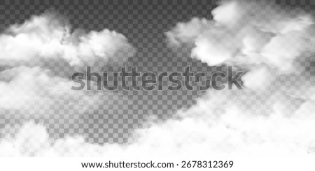 Realistic clouds, fog, cloudy overlay effect on a transparent.Vector illustration of mist, smog background