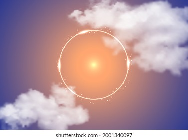 Realistic clouds and a glowing circle with highlights on the background of a yellow-violet sky.