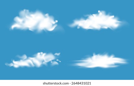 Realistic clouds isolated on blue background. Cloudy sky, cloudscape atmosphere. Smoke, fog, weather elements. Vector
