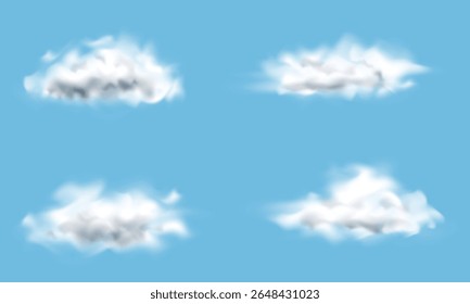 Realistic clouds isolated on blue background. Cloudy sky, cloudscape atmosphere. Smoke, fog, weather elements. Vector