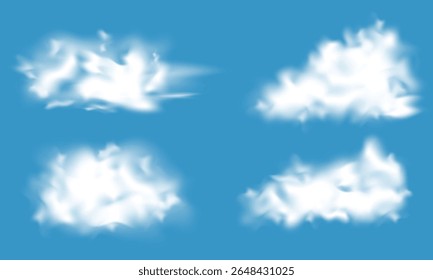 Realistic clouds isolated on blue background. Cloudy sky, cloudscape atmosphere. Smoke, fog, weather elements. Vector