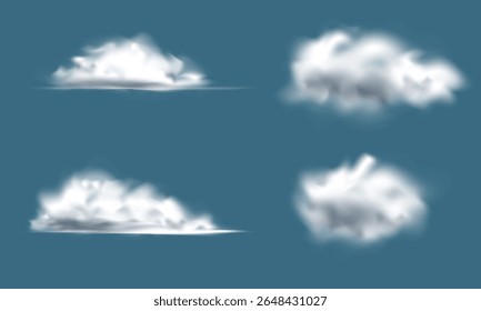 Realistic clouds isolated on blue background. Cloudy sky, cloudscape atmosphere. Smoke, fog, weather elements. Vector