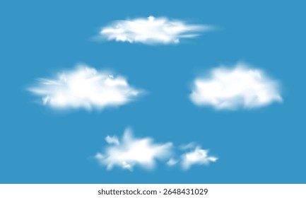 Realistic clouds isolated on blue background. Cloudy sky, cloudscape atmosphere. Smoke, fog, weather elements. Vector