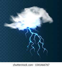 Realistic clouds with lightning on blue background. Thunderstorm and lightning bolt. Sparks of light. Stormy weather effect. Vector illustration.