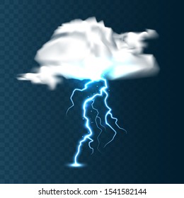 Realistic clouds with lightning on blue background. Thunderstorm and lightning bolt. Sparks of light. Stormy weather effect. Vector illustration.