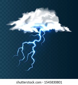 Realistic clouds with lightning on blue background. Thunderstorm and lightning bolt. Sparks of light. Stormy weather effect. Vector illustration.