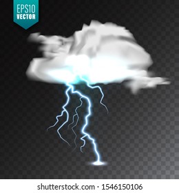 Realistic clouds with lightning on transparent background. Thunderstorm and lightning bolt. Sparks of light. Stormy weather effect. Vector illustration.