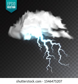 Realistic clouds with lightning on transparent background. Thunderstorm and lightning bolt. Sparks of light. Stormy weather effect. Vector illustration.