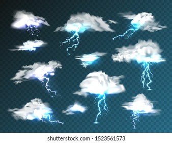 Realistic clouds with lightning set on transparent background. Thunderstorm and lightning bolt. Sparks of light. Stormy weather effect. Vector illustration.