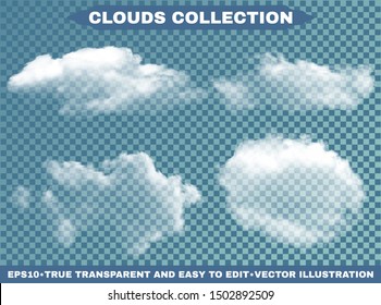 Realistic clouds on a blue heavenly background. Fresh template with soft colors. Vector illustrations collection. White transparent, isolated elements for design. Thunderclouds or smoke.