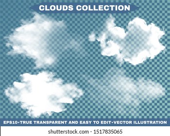 Realistic clouds on a blue heavenly background. Fluffy template with soft colors. Vector illustrations kit. White transparent, isolated elements for design. Thunderclouds or smoke.