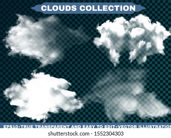 Realistic clouds on a blue heavenly background. Vector illustrations set. Colorful template with soft colors. White transparent, isolated elements for design. Thunderclouds or smoke.