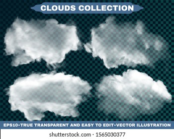 Realistic clouds on a blue heavenly backdrop. Original template with soft colors. Vector illustrations collection. White transparent, isolated elements for design. Smoke or thunderclouds.