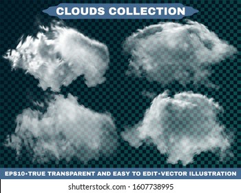 Realistic clouds on a blue heavenly backdrop. Abstract template with soft colors. Vector illustrations kit. White isolated, transparent elements for design. Smoke or thunderclouds.